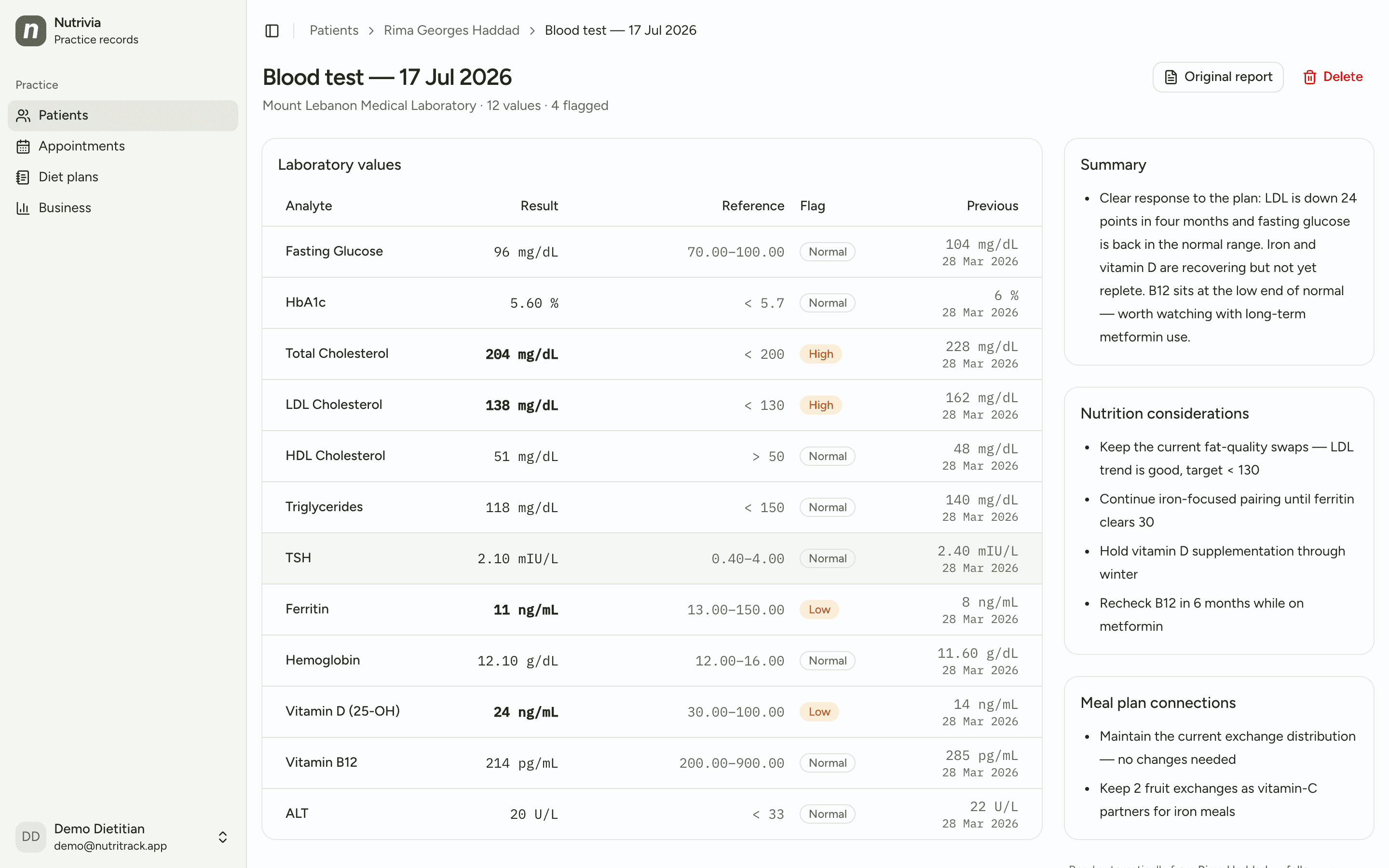 A blood-test report in Nutrivia with values flagged high and low, compared against the previous report, and an AI-written nutrition summary