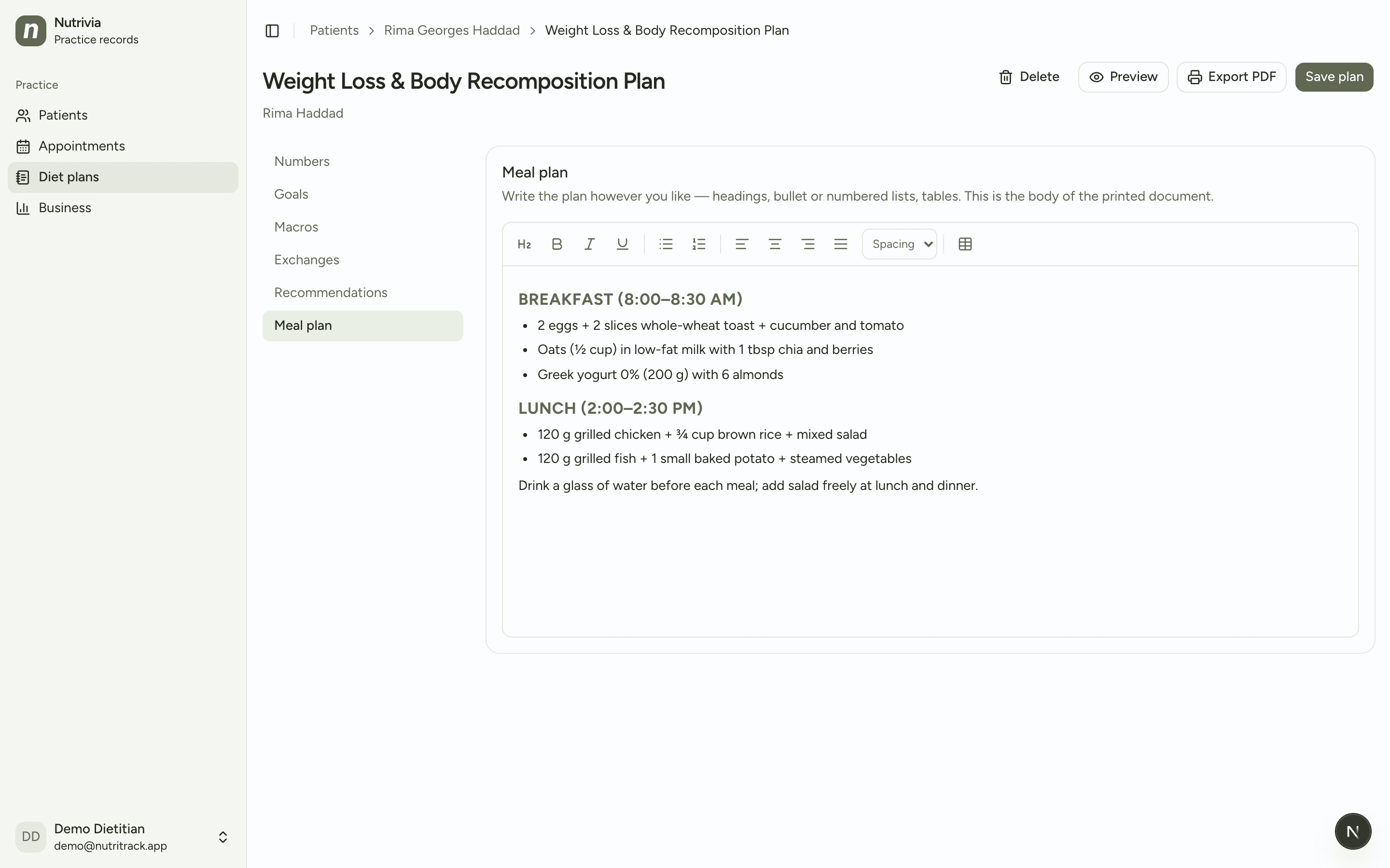 Building a diet plan in Nutrivia: a rich editor with the meal plan written as headings and bulleted food options, ready to export as a branded PDF