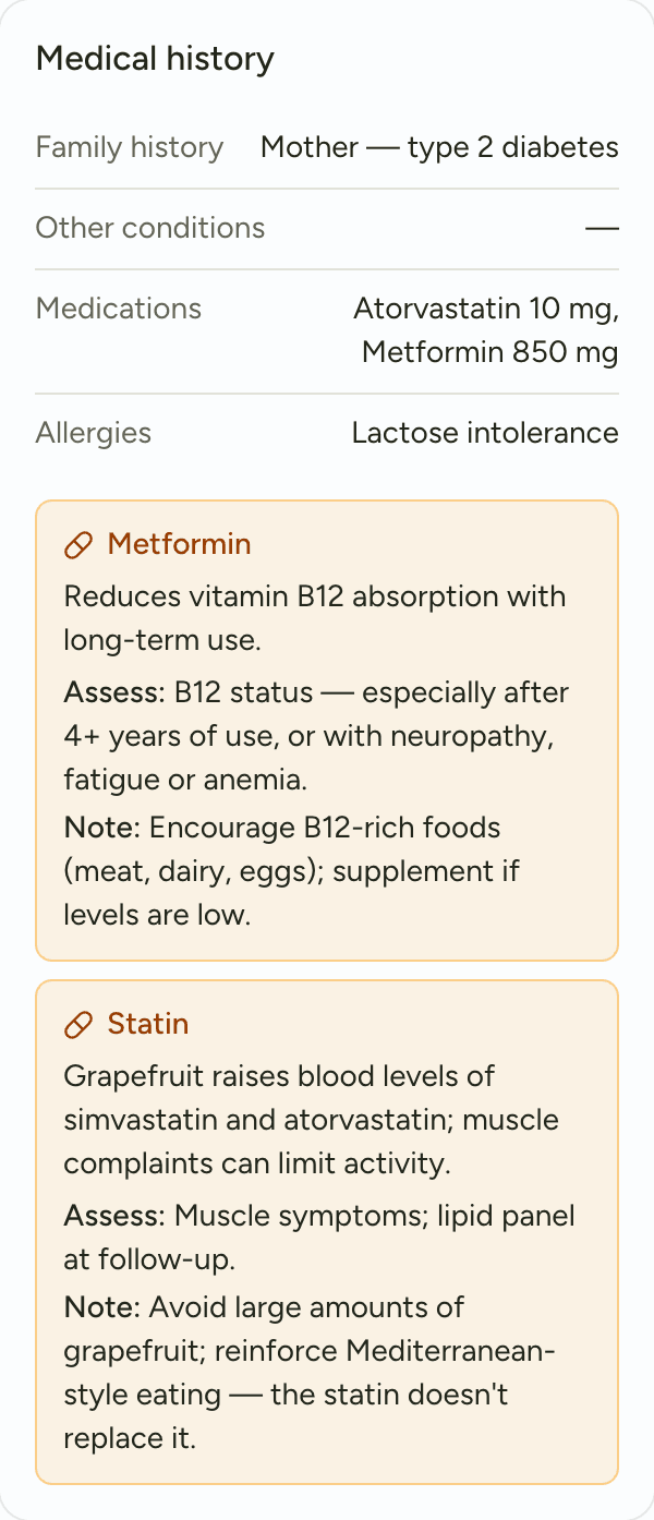 A patient's medical history with automatic nutrition alerts for metformin and a statin